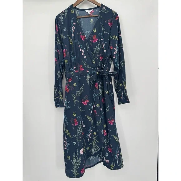 TIME & TRU Blue Dress floral Print Wrap Around tie waist thick fabric Fairy - Picture 2 of 11